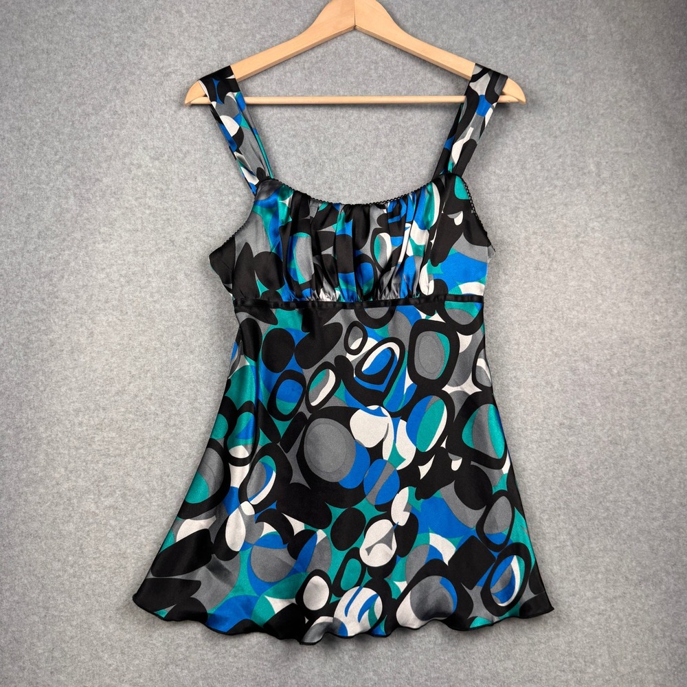 VTG iz Byer California Tank Top Womens Large Blue Satin Y2K Geometric Babydoll
